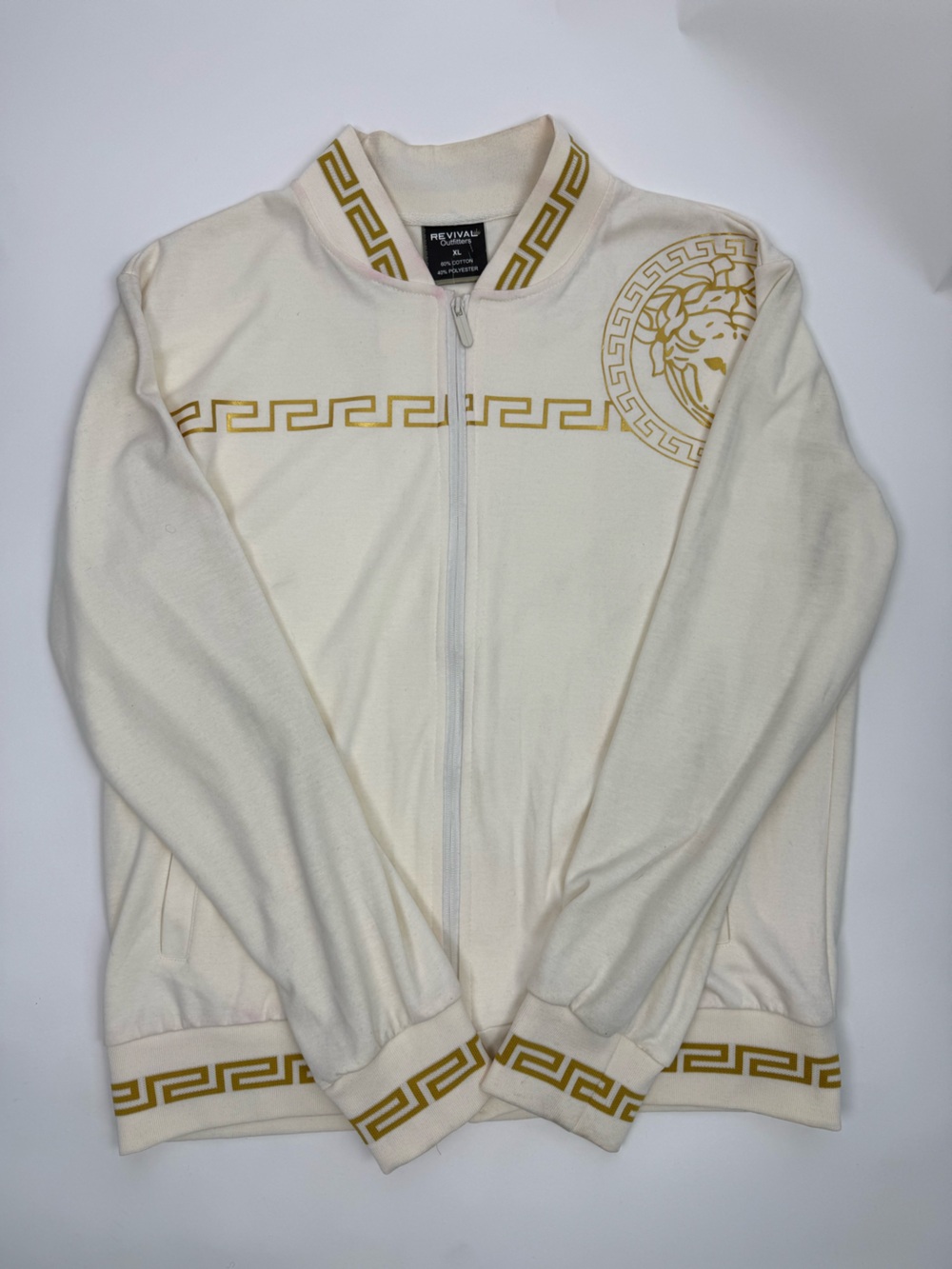 Revival Men’s Cream Bomber Jacket with Gold Greek Key Trim